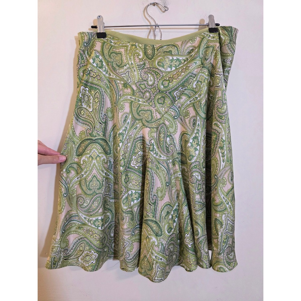 INC International‎ Concepts Green Pink Paisley Silk A-Line Skirt Womens 14